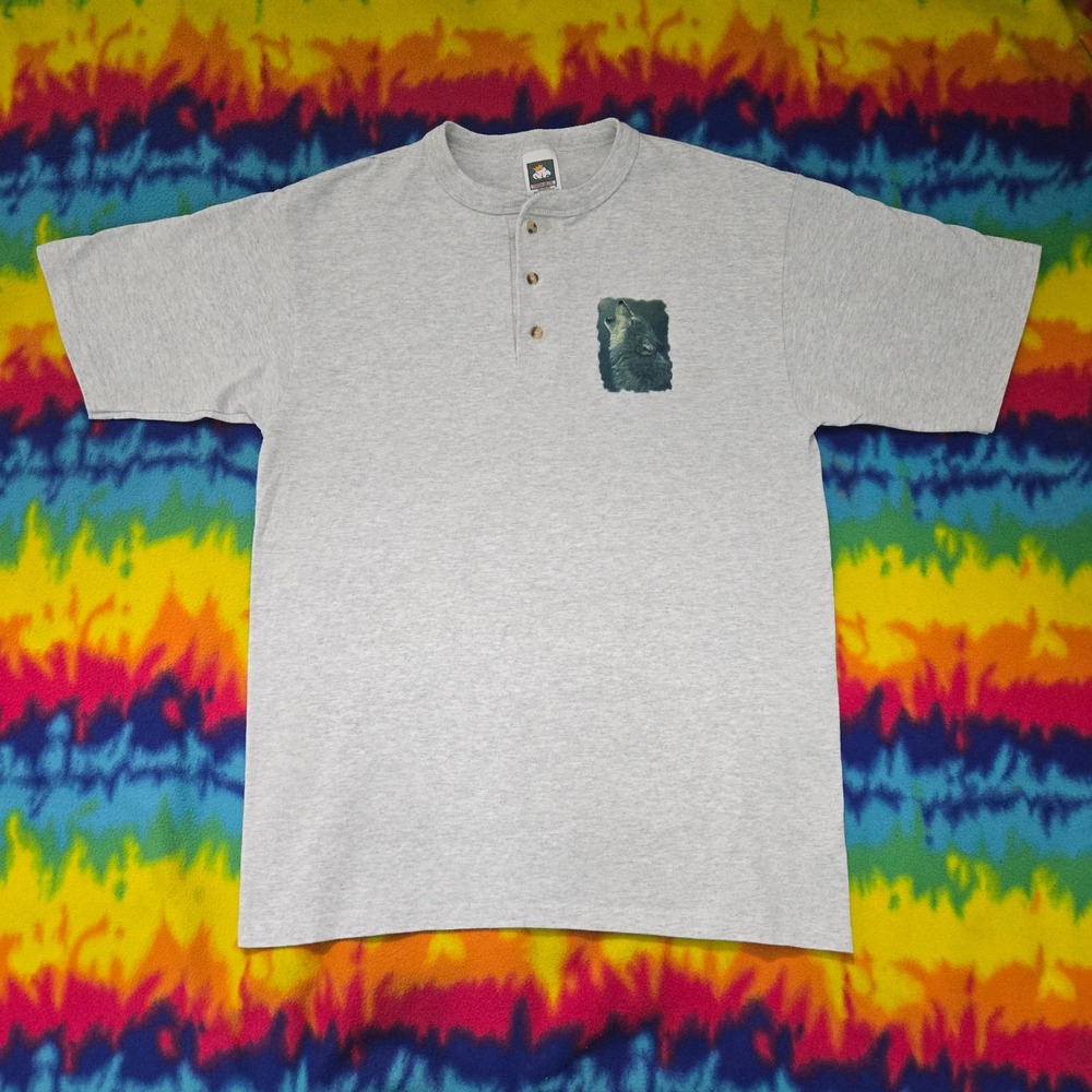 Vintage Y2K Double Sided Wolf Henley Shirt Gray Short Sleeve Graphic Tee Medium